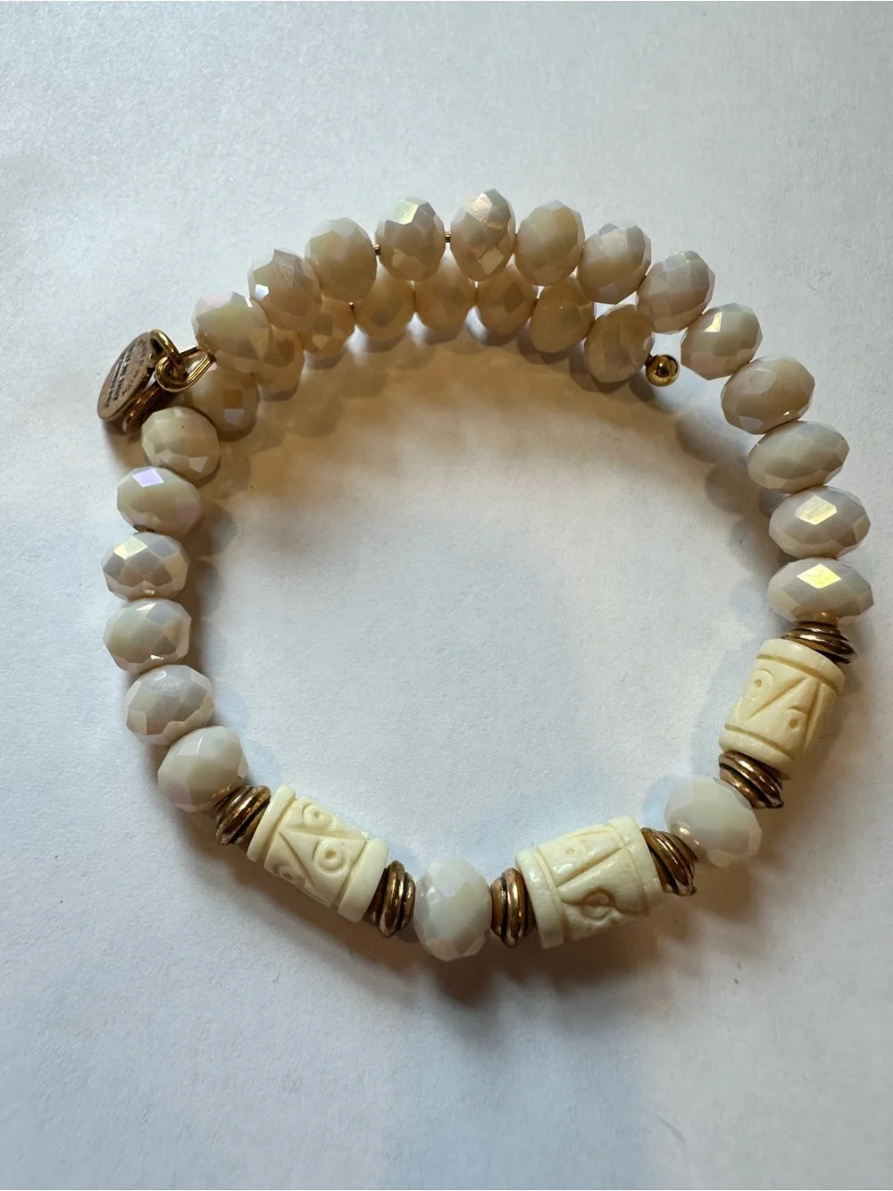 Alex and Ani Cream Faceted Bead Stretch Bracelet with Carved Accents